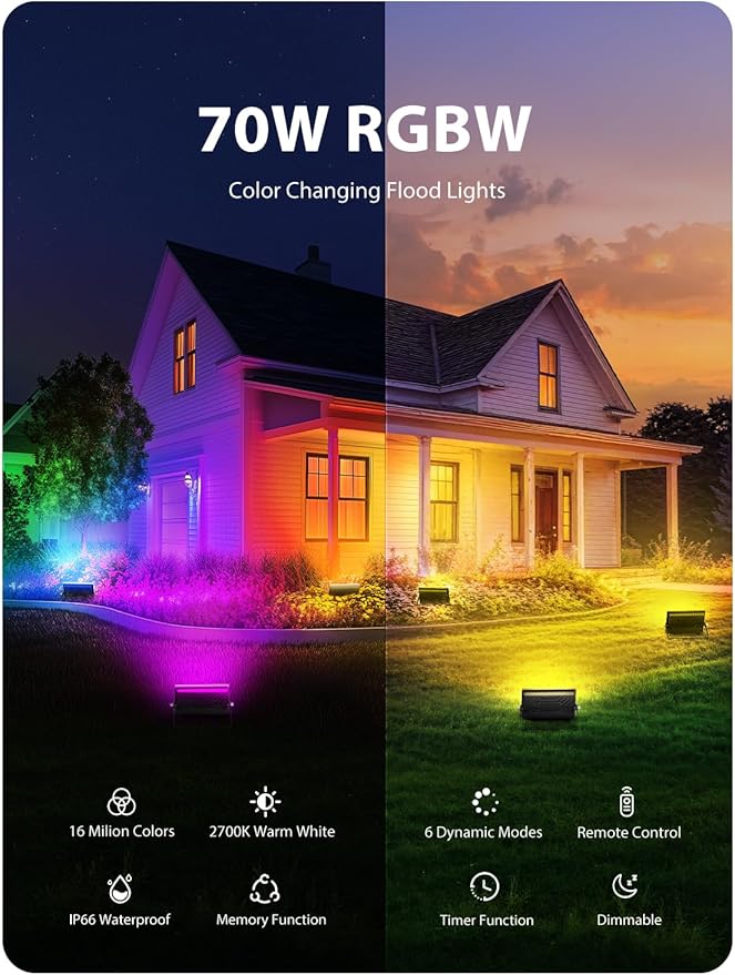 Onforu LED Flood Light Outdoor 700W Equiv, 70W Color Changing RGBW 2700K - Image 2