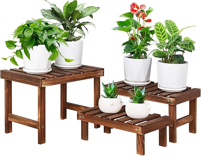 3 Tiered Small Plant Stands Shelf Indoor Outdoor, Wood Flower Pot Stand Holders by COOGOU