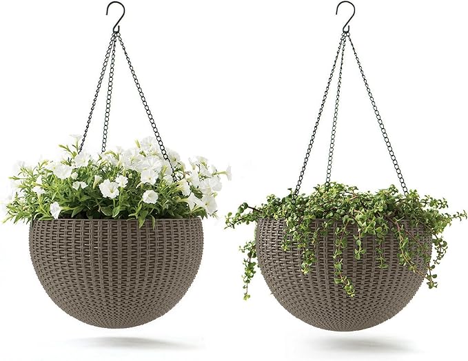 Keter Resin Rattan Set of 2 Round Hanging Planter Baskets by Keter
