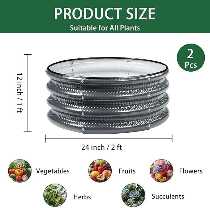 2 Pcs 2x2X1 ft Metal Galvanized Round Raised Garden Bed Kit Outdoor, Cream - Image 2