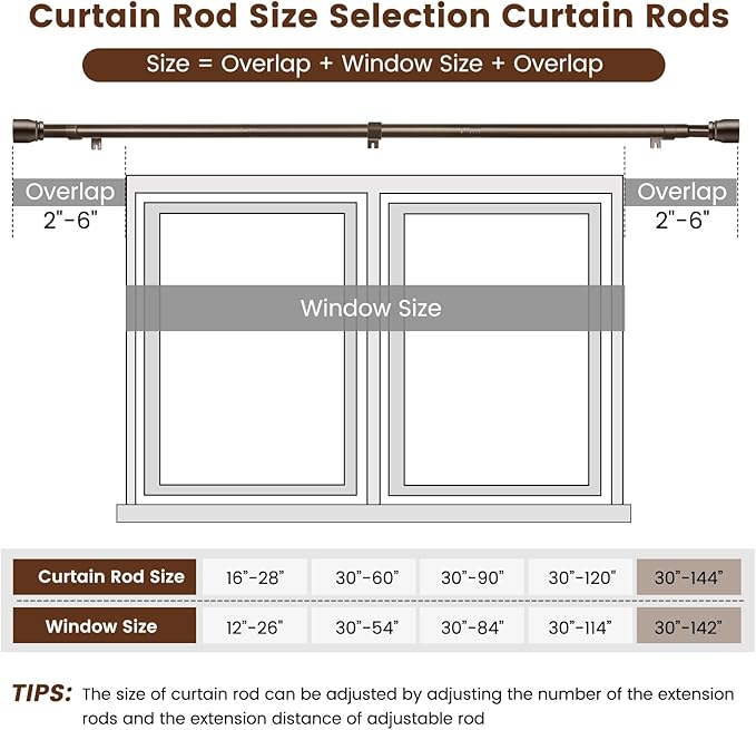 1” Diameter brown curtain rod Itself is 30 to 144 inch. 1 Pack Fits 30-142 inch - Image 3