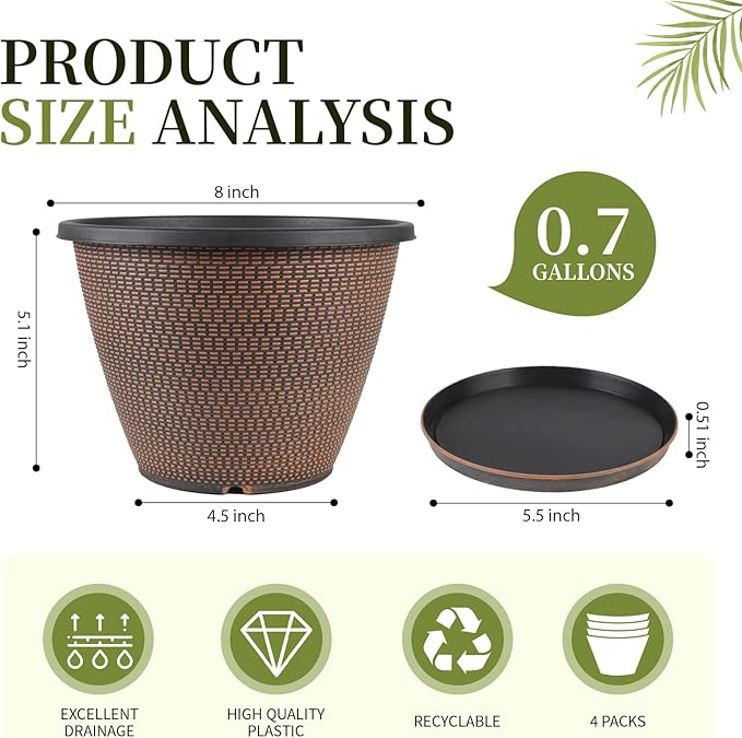 4 Pack 8 inch Plant Pot, Plastic Pots - Image 2