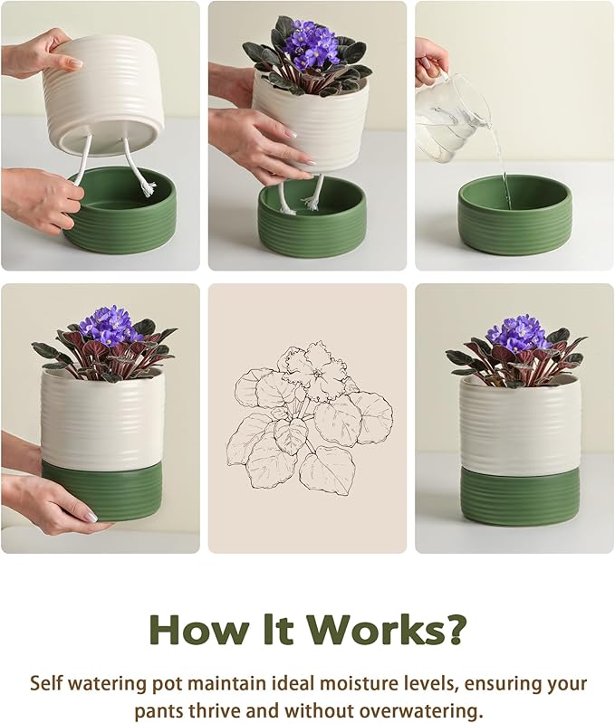 Self Watering Pots for Indoor Plants, 6 Inch Ceramic Self Watering Plant Pot - Image 6