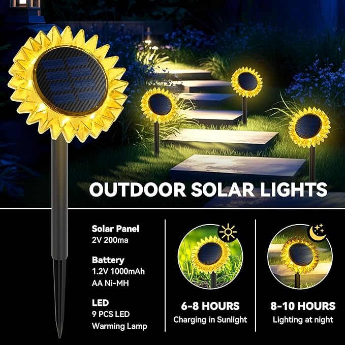 Outdoor Solar Lights, 6 Pack Led Solar Sunflower Lights, Stake/Wall 2-in-1 - Image 4