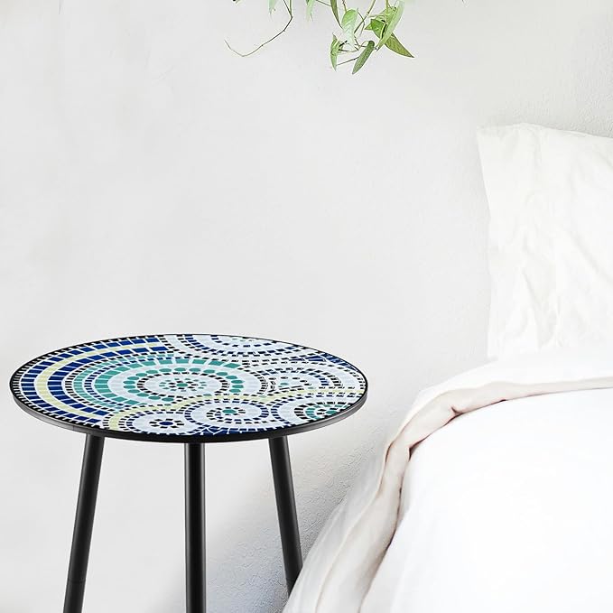 2 Packs Metal Mosaic Round Side Tables 13.4" Small Outdoor Patio Round Accent - Image 2