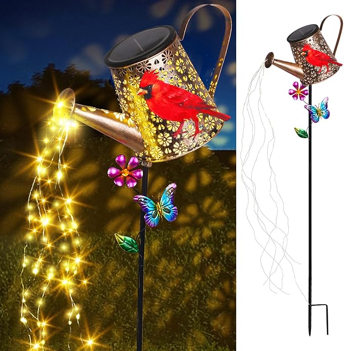 Solar Watering Can with Lights Outdoor Garden, 41in Large Red Cardinal Garden - Image 3