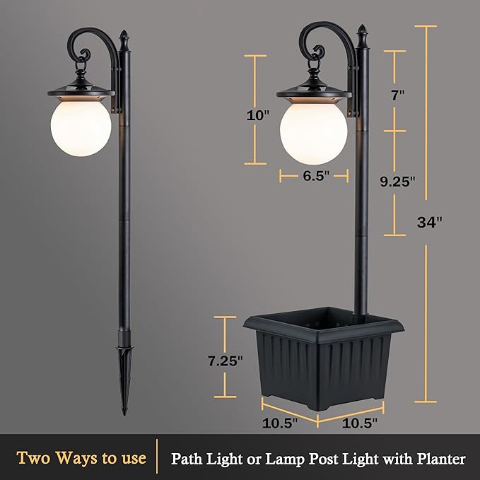 Outdoor Post Light with Planter, Matte Black Solar Lamp Post Light with Globe - Image 5