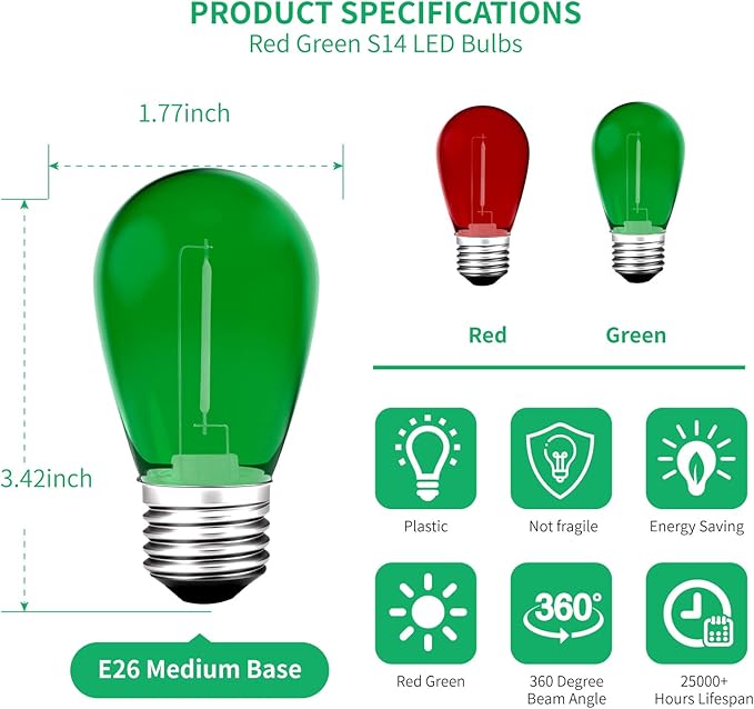 S14 Colored LED String Light Bulbs, E26 Medium Screw Base - Image 2