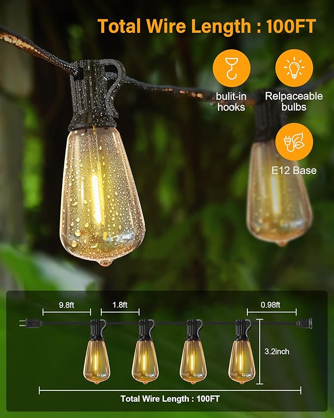 Doukegde 100FT LED Outdoor String Lights, 2700K LED Patio Lights Outdoor - Image 2