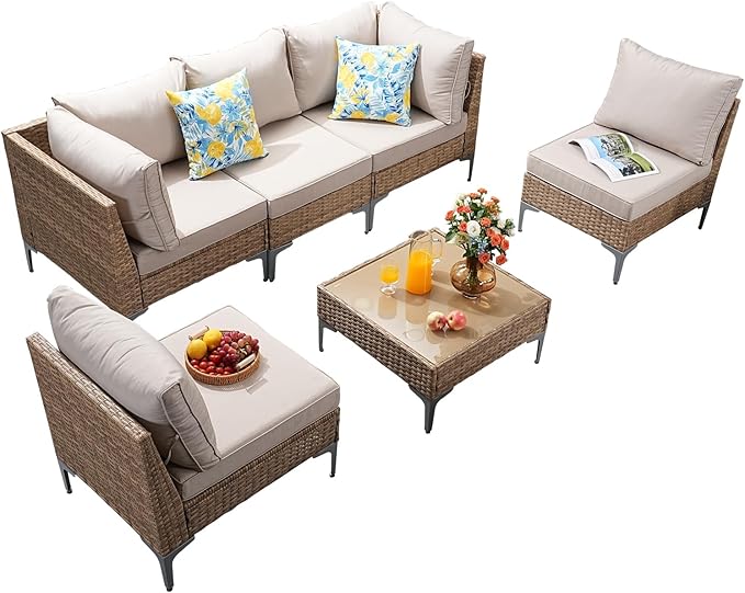 Jing's Villa 7-Piece Outdoor Patio Furniture Set, Ratten Conversation Sectional - Image 9
