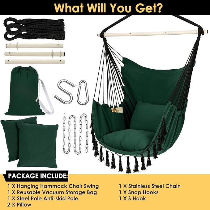 Y- STOP Hammock Chair Hanging Rope Swing, Max 500 Lbs, 2 Cushions Included - Image 6