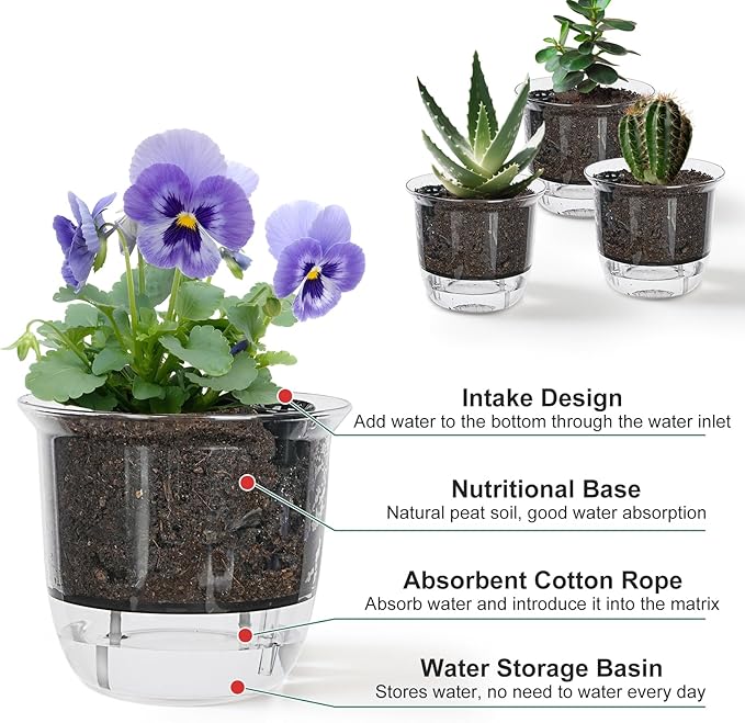 Self Watering Pots, 3 Pack 4 Inch Clear Plant Pot Self Watering Planter Flowers - Image 4