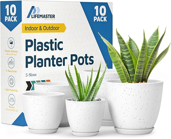 White Gray Plant Pots with Drainage Holes & Saucers 10 Pack, Indoor & Outdoor by LIFEMASTER