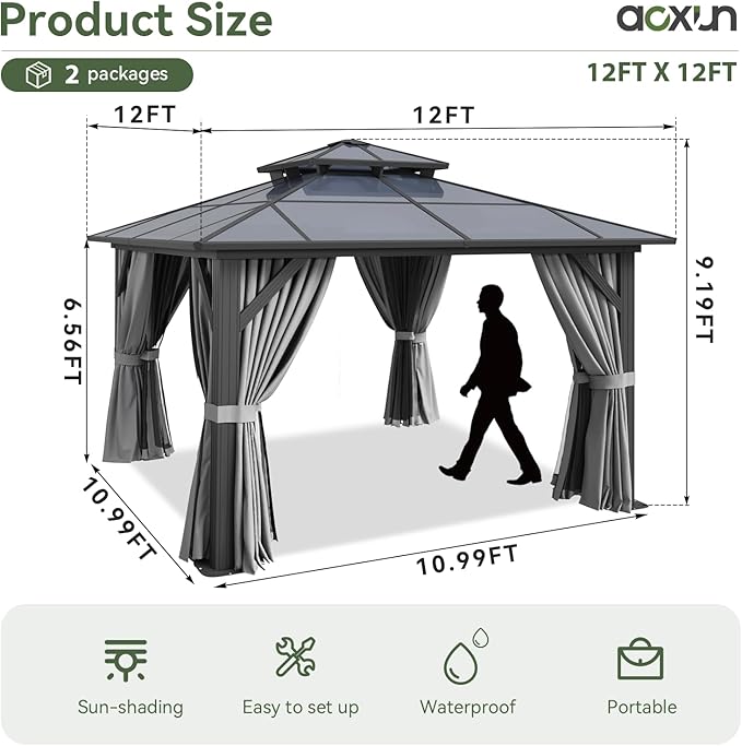 Aoxun 12'x12' Hardtop Gazebo, Aluminum Frame Permanent Pavilion - Image 4