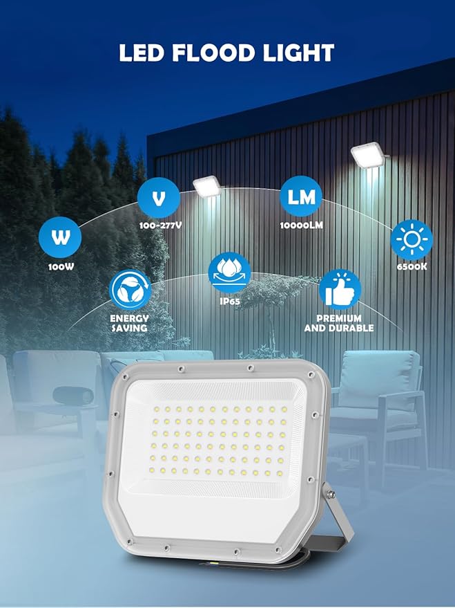 2 Pack Super Bright 6500k 10000lm LED Flood Lights Outdoor, 100w Led Outside - Image 2