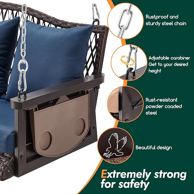 Upgraded Wicker Hanging Porch Swing Heavy Duty 900 LBS 3-Seat Outdoor Patio - Image 5