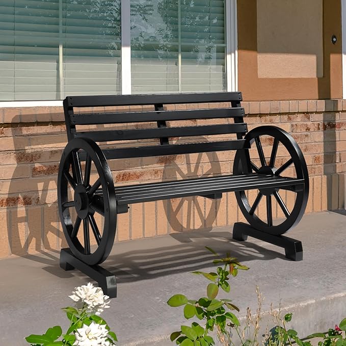VINGLI Rustic Wooden Wheel Bench Outdoor Bench, Patio Bench Wagon Slatted Seat - Image 2