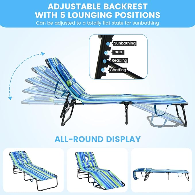 GYMAX Tanning Chair, 350lbs Beach Lounge Chair - Image 5
