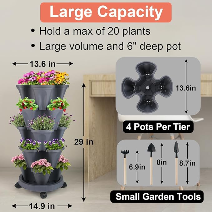GameXcel Vertical Planter 5 Tier Stackable Planters Garden Planters Strawberry - Image 4
