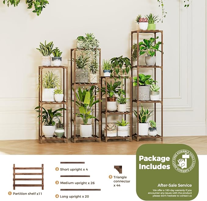 Bamworld 4 Sets Tall Plant Stands Indoor Outdoor Combo Plant Shelves Wooden - Image 6