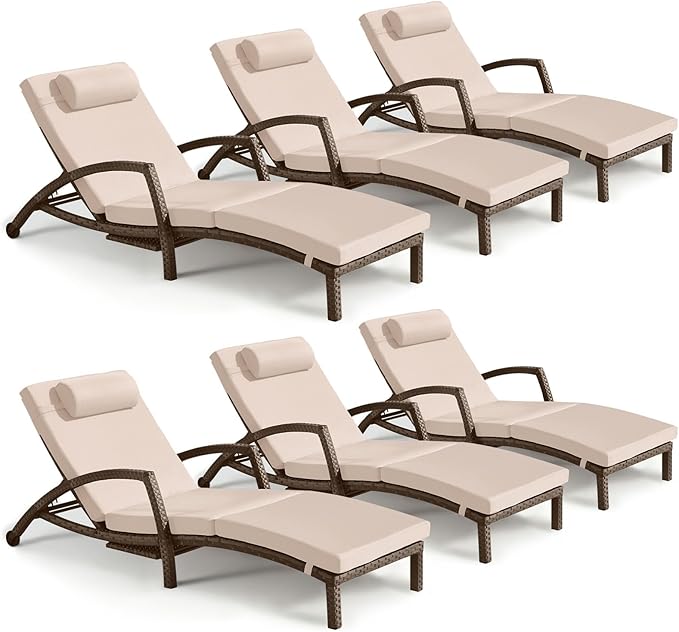 Chaise Lounge Chairs Outdoor Set of 6, Comfy Outside Wicker Patio Pool Lounge by ZZWHOM
