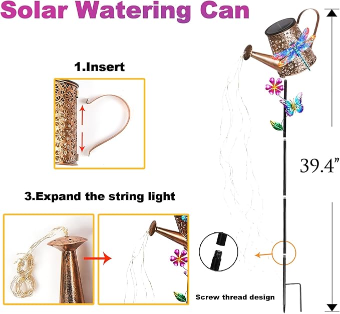 Solar Watering Can with Lights Outdoor Garden, 41in Large Dragonfly Garden - Image 7