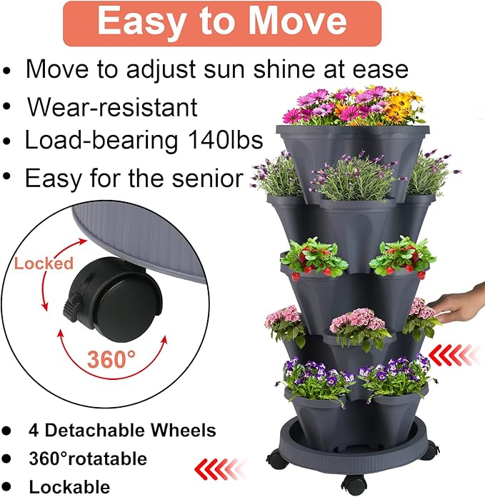 GameXcel Vertical Planter 5 Tier Stackable Planters Garden Planters Strawberry - Image 5