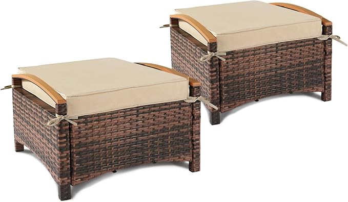 VINGLI Wicker Outdoor Ottoman Set of 2, All Weather PE Rattan Footstool by VINGLI