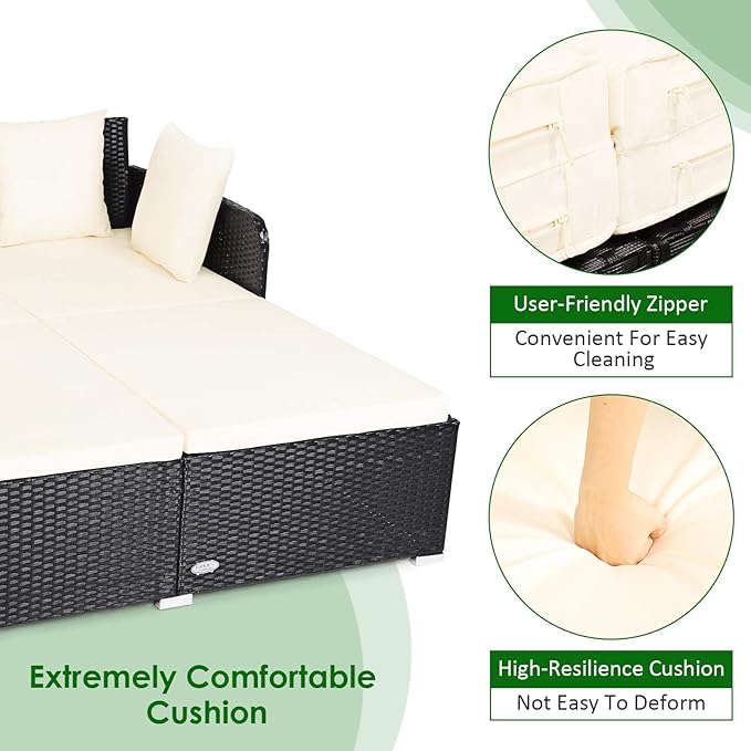 COSTWAY Outdoor Patio Rattan Daybed, Sponge Cushioned Loveseat Sofa - Image 8