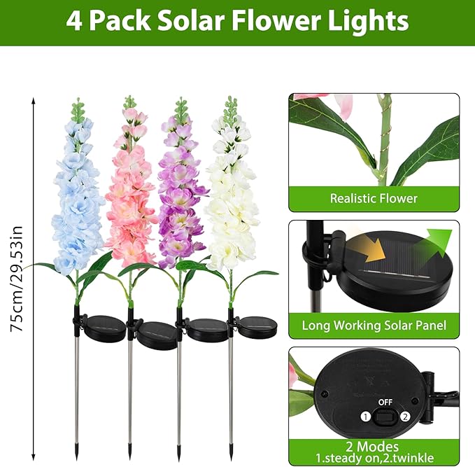 4 Pack Color Changing Solar Lights Outdoor Waterproof, Solar Delphinium Flower - Image 5