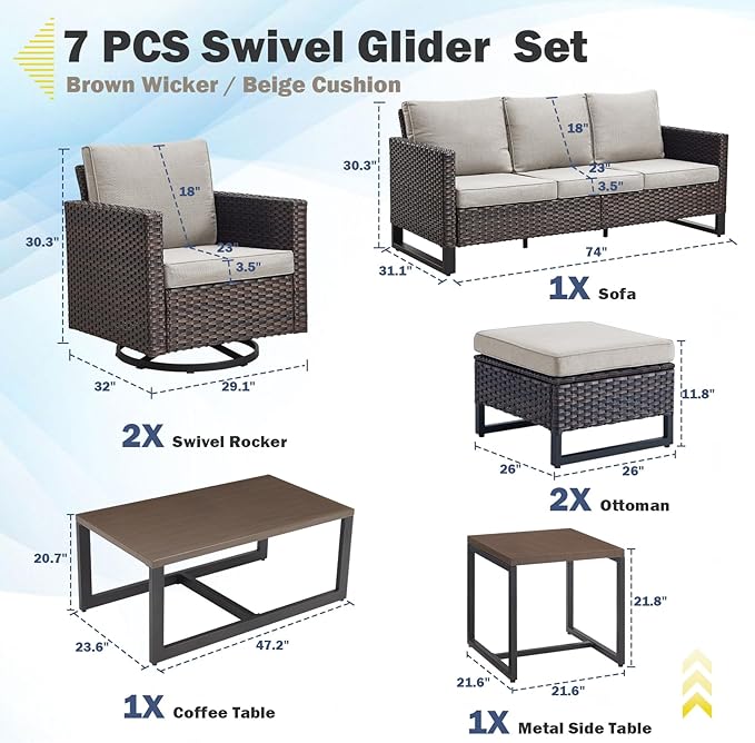 Belord 7 Piece Outdoor Furniture Patio Wicker Sofa Set, Oversize Outdoor Swivel - Image 2