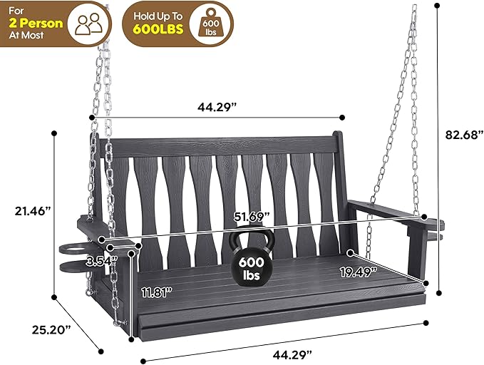 HIPS All-Weather Outdoor Hanging Porch Swing, 2 Seat Hanging Swing Bench - Image 2