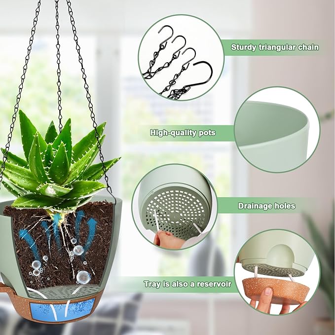 10/9/8 Inch Hanging Planter for Indoor Outdoor Plants, 3 Pack Self-Watering - Image 3