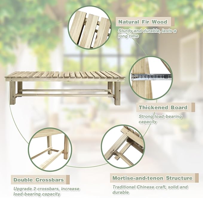 Outdoor Garden Bench, 3-Person Wood Patio Bench Weatherproof Outdoor Backless - Image 3