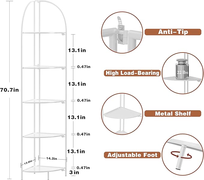 Crofy Foldable 5 Tier Corner Shelf, Metal Corner Plant Stand - Image 3