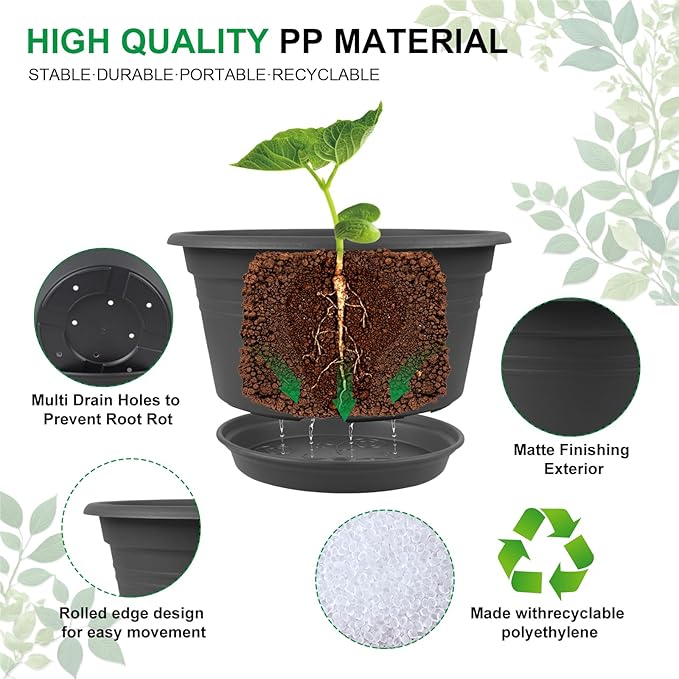 6 Pack 10 inch Plant Pot, Round Plastic Plant Pots, Outdoor Pots - Image 3