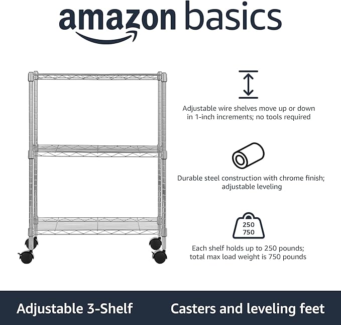 Amazon Basics 3-Shelf Heavy Duty Adjustable Wire Shelving Storage Rack on 2" PP - Image 3