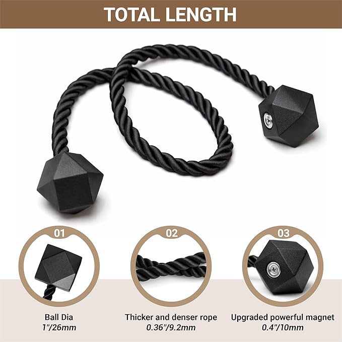 Hion Magnetic Curtain Tiebacks Black 2pcs, Curtain Tiebacks Buckles Holdbacks - Image 2