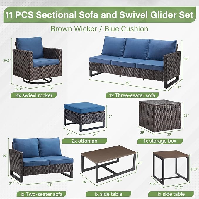 Belord Spacious 11 Pieces Patio Conversation Set - Image 3