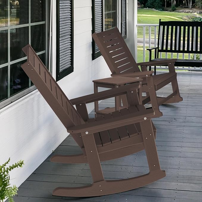 GREENVINES Outdoor Rocking Chair Set | 3-Piece | Dark Brown Wood Grain | 2 - Image 2