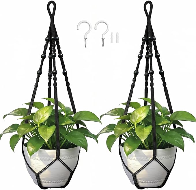 Macrame Plant Hanger, Wood Beads Cotton Hanging Planter Holder by Unknown