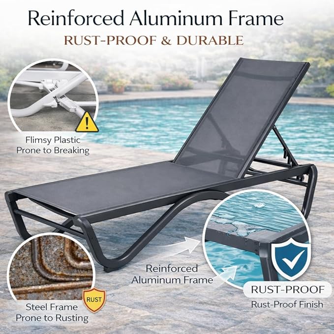 Kozyard Outdoor Chaise Lounge Chair, Full Aluminum Frame, Adjustable Reclining - Image 4
