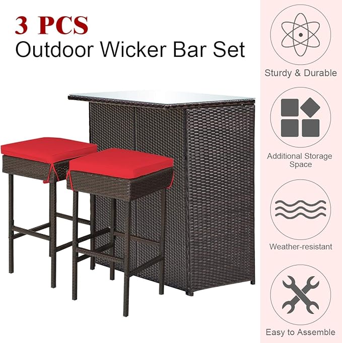 Tangkula Patio Bar Set, 3 Piece Outdoor Rattan Wicker Bar Set - Image 6