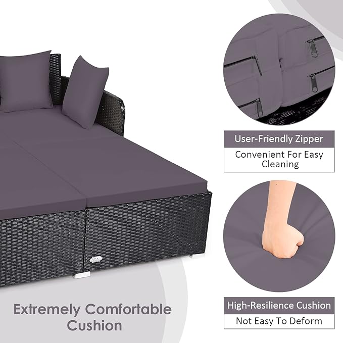 COSTWAY Outdoor Patio Rattan Daybed, Sponge Cushioned Loveseat Sofa - Image 8