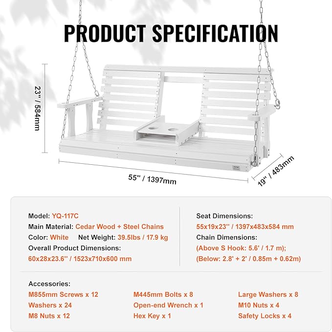 VEVOR Wooden Porch Swing 5 ft, Patio Bench Swing - Image 7