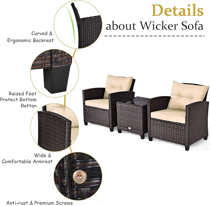 Tangkula 3 Pieces Patio Furniture Set, PE Rattan Wicker 3 Pcs Outdoor Sofa Set - Image 5