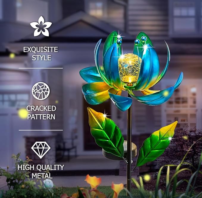 Solar Yard Lights Wind Spinners- Metal Lotus Flower Garden Decor LED Crackle - Image 2