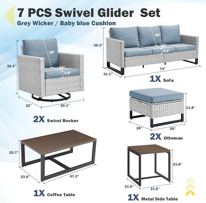 Belord 7 Piece Outdoor Furniture Patio Wicker Sofa Set, Oversize Outdoor Swivel - Image 2