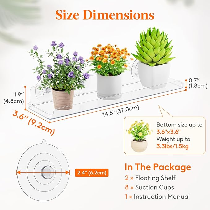 Lifewit Window Plant Floating Shelves 14.6x3.6, 2 Pack Acrylic Suction Cup Shelf - Image 3
