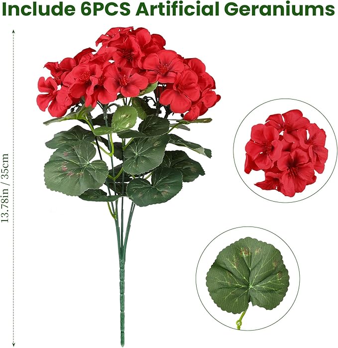 Artificial Flowers for Outdoors, 6 Bundles Realistic Silk Fake Red Geraniums - Image 3